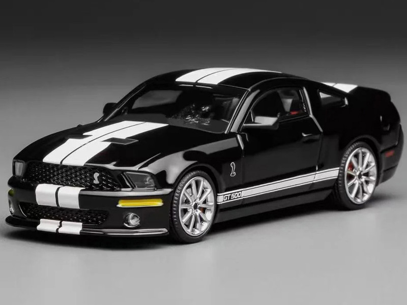 2007 Ford Mustang Shelby GT500 Ebony Black with White Stripes 1/64 Diecast Model Car MotorHelix & Greenlight GL-1251005B