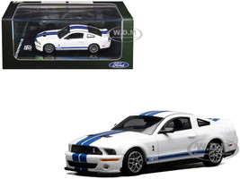 2007 Ford Mustang Shelby GT500 Performance White with Blue Stripes 1/64 Diecast Model Car MotorHelix Greenlight GL-1251005C