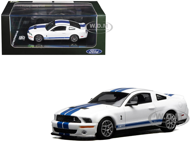 2007 Ford Mustang Shelby GT500 Performance White with Blue Stripes 1/64 Diecast Model Car MotorHelix Greenlight GL-1251005C