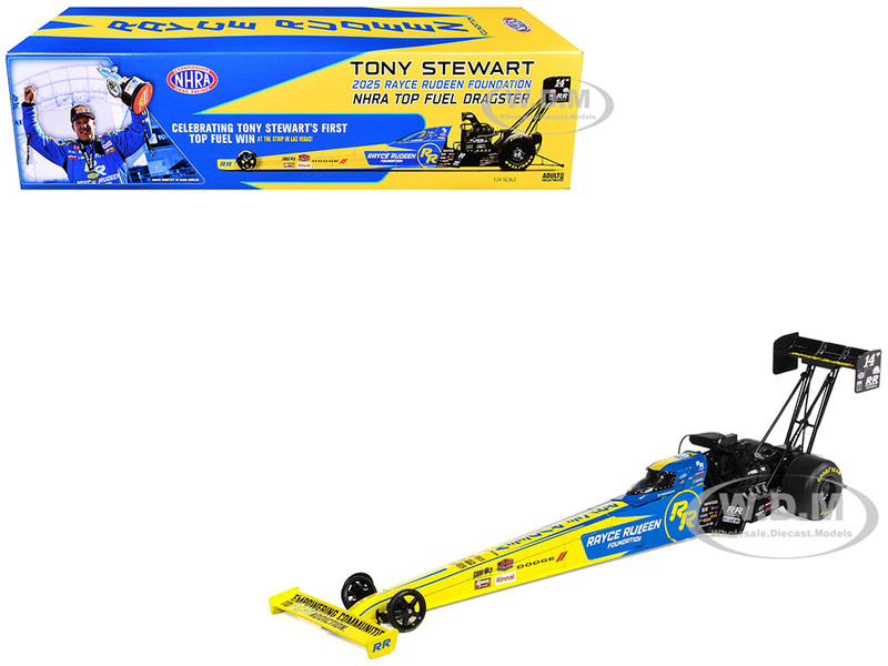 NHRA TFD Top Fuel Dragster #14TF Tony Stewart Rayce Rudeen Foundation Blue and Yellow 2025 1/24 Diecast Model Auto World AWN052