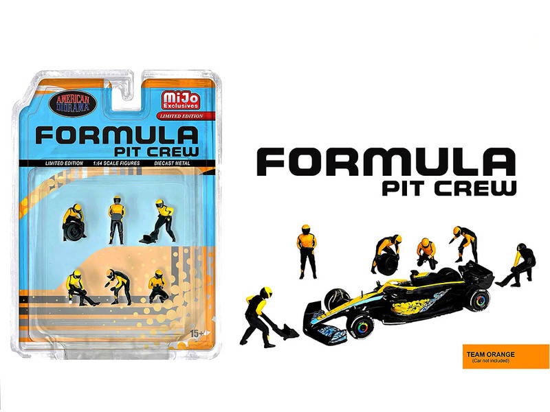 Formula Pit Crew Team Orange 6 piece Diecast Figure Set 6 Figures Limited Edition for 1/64 Scale Models American Diorama AD-2441MJ
