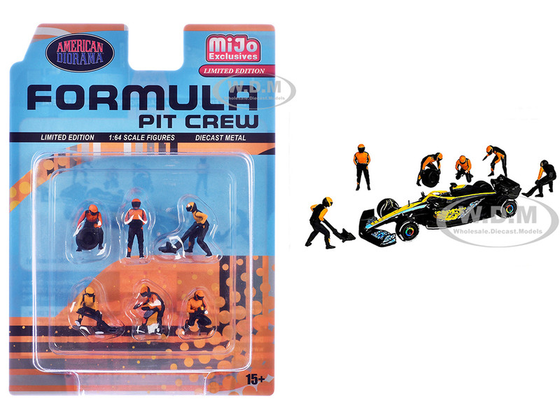 Formula Pit Crew Team Orange 6 piece Diecast Figure Set 6 Figures Limited Edition for 1/64 Scale Models American Diorama AD-2441MJ