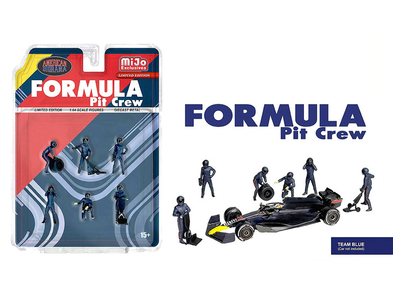 Formula Pit Crew Team Blue 6 piece Diecast Figure Set 6 Figures Limited Edition for 1/64 Scale Models American Diorama AD-2442MJ
