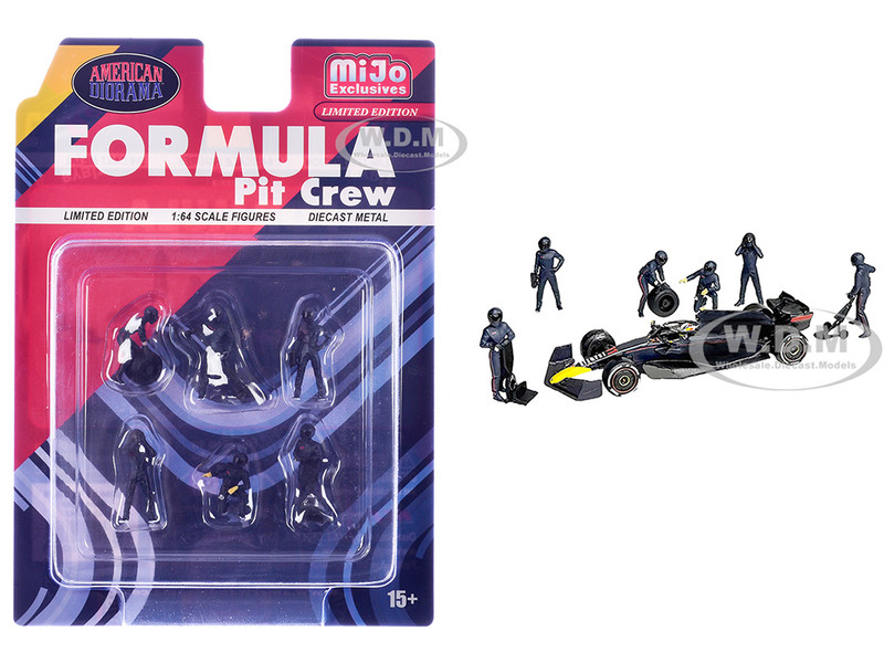 Formula Pit Crew Team Blue 6 piece Diecast Figure Set 6 Figures Limited Edition for 1/64 Scale Models American Diorama AD-2442MJ