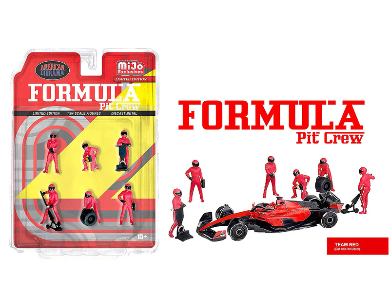 Formula Pit Crew Team Red 6 piece Diecast Figure Set 6 Figures Limited Edition for 1/64 Scale Models American Diorama AD-2443MJ