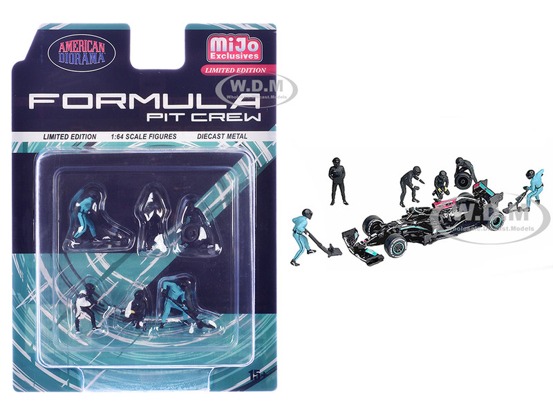 Formula Pit Crew Team Black 6 piece Diecast Figure Set 6 Figures Limited Edition for 1/64 Scale Models American Diorama AD-2444MJ