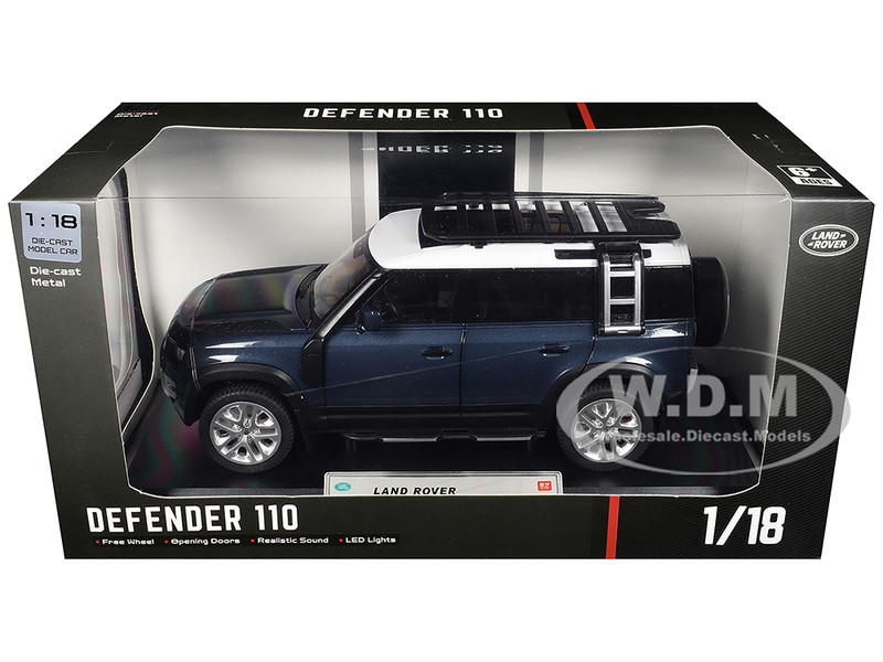 Land Rover Defender 110 Blue Metallic with White Top and Roof Rack 1/18 Diecast Model Car Heimanba Q1002A-BL