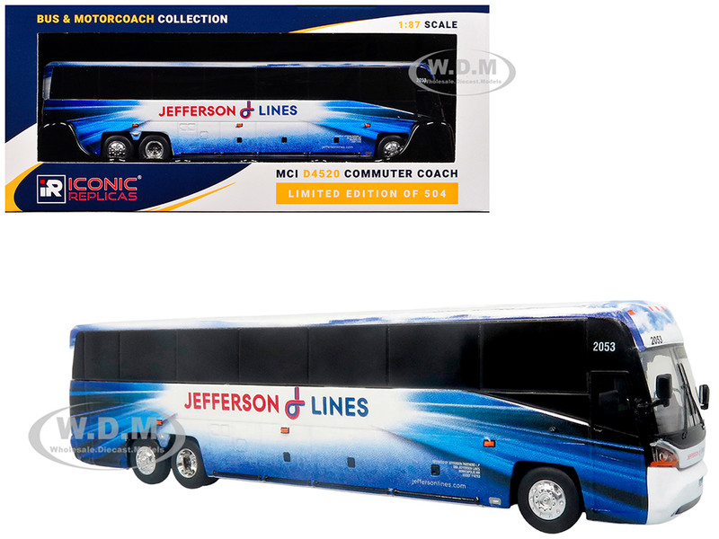 MCI D4520 Commuter Coach Bus Jefferson Lines White with Blue Graphics The Bus & Motorcoach Collection Limited Edition to 504 pieces Worldwide1/87 (HO) Diecast Model Iconic Replicas 87-0651