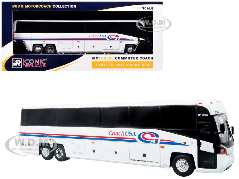MCI D4520 Commuter Coach Bus Coach USA White with Blue and Red Stripes The Bus & Motorcoach Collection Limited Edition to 504 pieces Worldwide 1/87 (HO) Diecast Model Iconic Replicas 87-0652