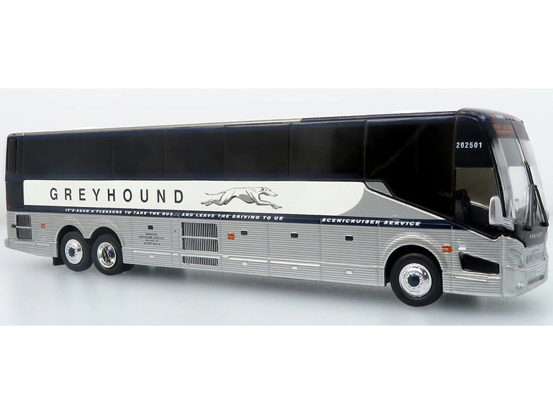 Prevost H3-45 Coach Bus Greyhound Scenicruiser Service White and Raw Metal The Bus & Motorcoach Collection Limited Edition to 504 pieces Worldwide 1/87 (HO) Diecast Model Iconic Replicas 87-0659
