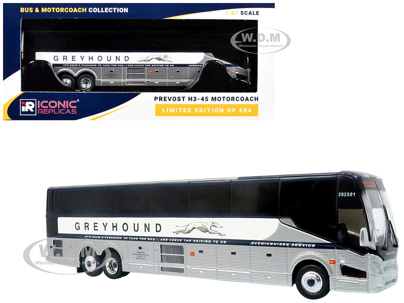 Prevost H3-45 Coach Bus Greyhound Scenicruiser Service White and Raw Metal The Bus & Motorcoach Collection Limited Edition to 504 pieces Worldwide 1/87 (HO) Diecast Model Iconic Replicas 87-0659
