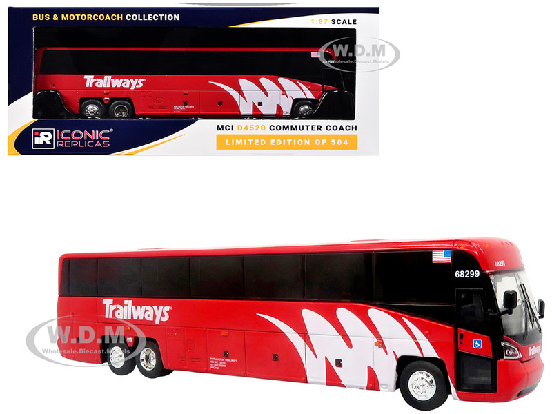 MCI D4520 Commuter Coach Bus Burlington Trailways Red with White Graphics The Bus & Motorcoach Collection Limited Edition to 504 pieces Worldwide 1/87 (HO) Diecast Model Iconic Replicas 87-0661