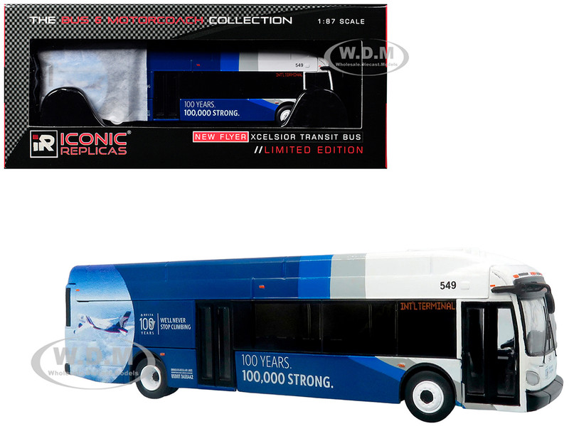 New Flyer Xcelsior XN40 Transit Bus Delta Air Lines 100th Anniversary Blue and White with Graphics The Bus & Motorcoach Collection Limited Edition 1/87 (HO) Diecast Model Iconic Replicas 87-0679