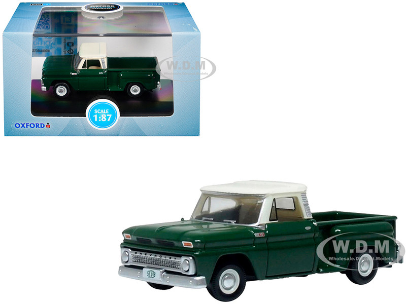 1965 Chevrolet C10 Stepside Pickup Truck Dark Green with Ivory Top 1/87 (HO) Scale Diecast Model Car Oxford Diecast 87CP65008