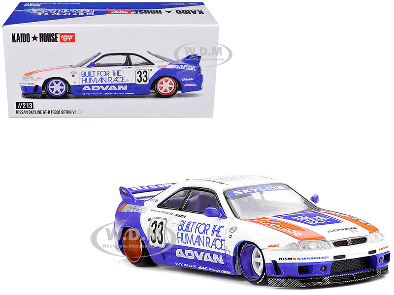 Nissan Skyline GT R R33 RHD Right Hand Drive #33 BFTHR V1 Blue and White with Graphics Designed by Jun Imai Kaido House Special 1/64 Diecast Model Car Mini GT KHMG213