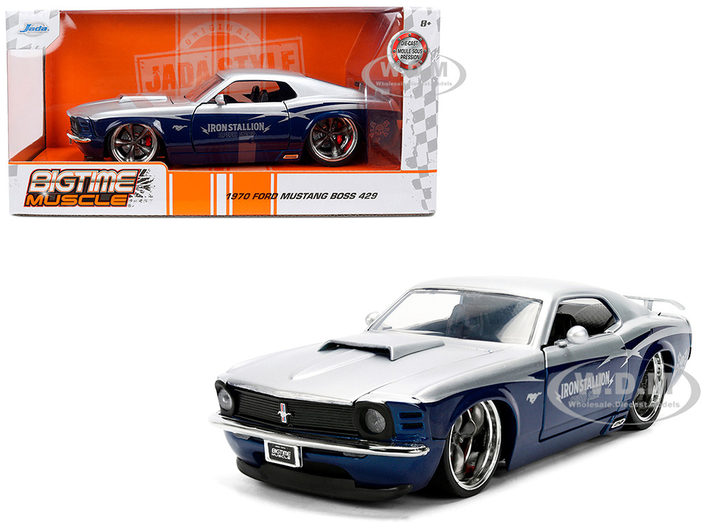 1970 Ford Mustang Boss 429 "Iron Stallion Speed Shop" Silver and Dark Blue Metallic "Bigtime Muscle" Series 1/24 Diecast Model Car by Jada