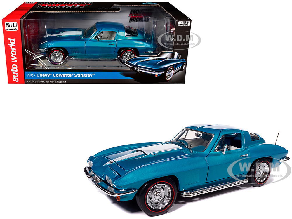 1967 Chevrolet Corvette Stingray Light Blue Metallic with White Hood Stripe "American Muscle" Series 1/18 Diecast Model Car by Auto World