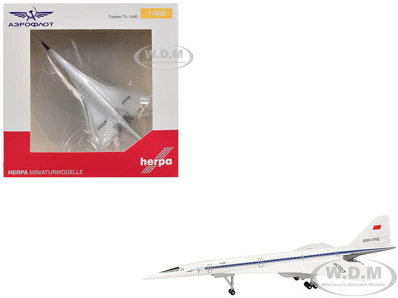 Tupolev Tu 144D Commercial Aircraft Aeroflt  Technik Museum Sinsheim CCCP 77112 White with Blue Stripes 1/400 Diecast Model Airplane Herpa HE562867