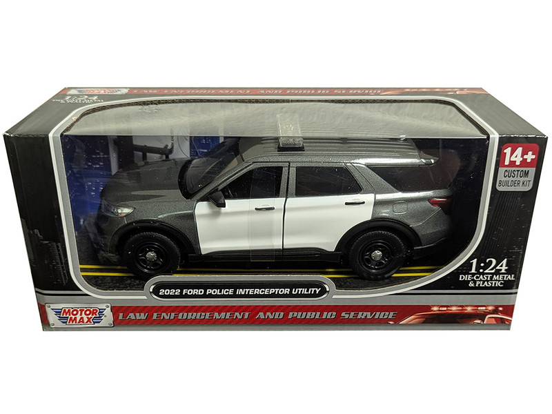 2022 Ford Police Interceptor Utility Gray Metallic with White Doors Builder s Kit with Flashing Light Bar and Front and Rear Lights and Sounds 1/24 Diecast Model Car Motormax 79541-BB-GRYW