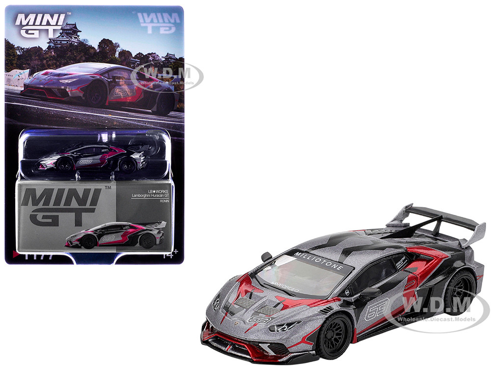 Lamborghini Huracan GT LB-WORKS "RONIN" Gray Metallic with Black and Red Graphics Limited Edition 1/64 Diecast Model Car by Mini GT