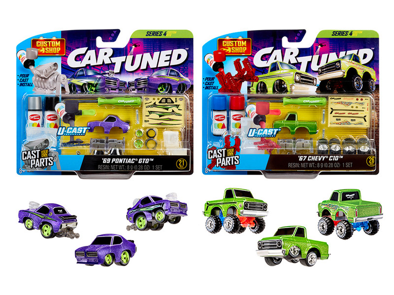 1969 Pontiac GTO Purple Metallic and 1967 Chevrolet C10 Pickup Truck Green Metallic Custom Shop 2 Car Set Diecast Model Cars CarTuned 541769-XX3