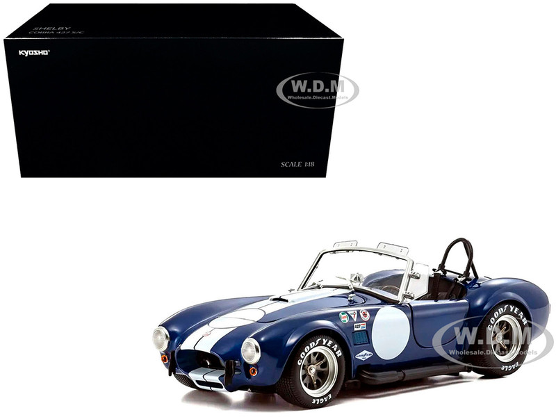 Shelby Cobra 427 SC Blue with White Stripes and Race Graphics 1/18 Diecast Model Car Kyosho KS08048BLMW