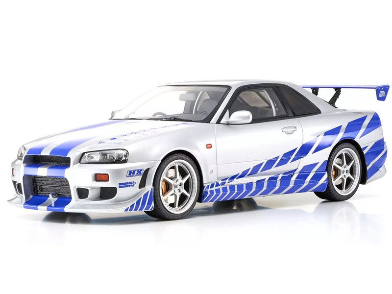 Nissan Skyline GT R R34 RHD Right Hand Drive Silver Metallic with Blue Graphics 2 Fast 2 Furious 2003 Movie 1/12 Model Car Kyosho KSR12007A