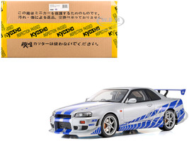 Nissan Skyline GT R R34 RHD Right Hand Drive Silver Metallic with Blue Graphics 2 Fast 2 Furious 2003 Movie 1/12 Model Car Kyosho KSR12007A