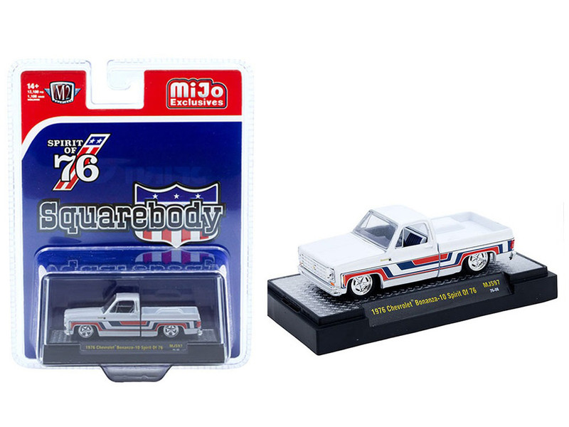 1976 Chevrolet Silverado Bonanza 10 Pickup Truck Spirit of  76 White with Blue and Red Graphics Limited Edition to 12100 pieces Worldwide 1/64 Diecast Model Car M2 Machines 31500-MJS97