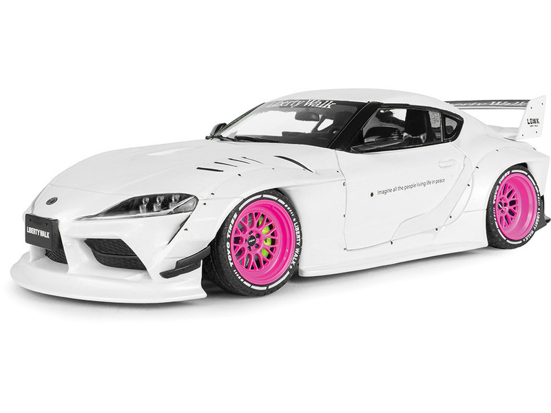2025 Toyota GR Supra Liberty Walk Body Kit White Metallic with Pink Wheels 1/18 Diecast Model Car Solido S1815502