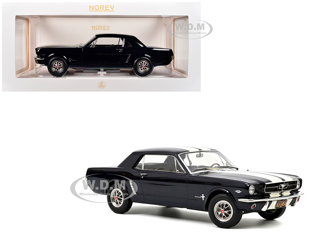 1965 Ford Mustang Hardtop Coupe Nightmist Blue Metallic with White Stripes 1/18 Diecast Model Car by Norev