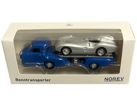 Mercedes Benz Renntransporter Flatbed Truck Blue and 1954 Mercedes Benz W196 #1 Silver Metallic 1/64 Diecast Model Car Norev 311000