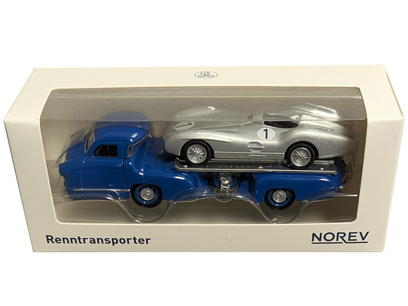 Mercedes Benz Renntransporter Flatbed Truck Blue and 1954 Mercedes Benz W196 #1 Silver Metallic 1/64 Diecast Model Car Norev 311000