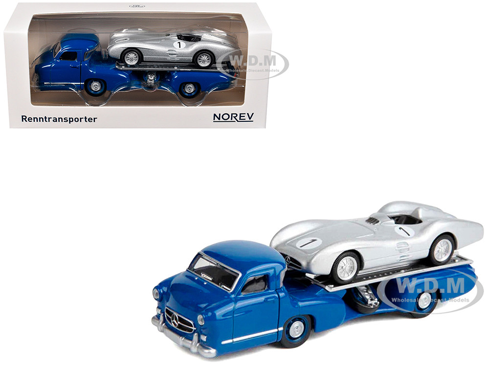 Mercedes-Benz Renntransporter Flatbed Truck Blue and 1954 Mercedes-Benz W196 #1 Silver Metallic 1/64 Diecast Model Car by Norev