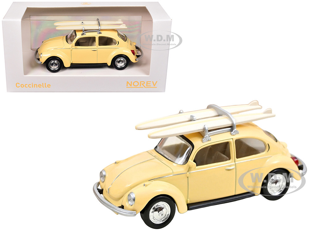 1973 Volkswagen Beetle 1303 Pastel Yellow with Roof Rack and 2 Surfboards 1/43 Diecast Model Car by Norev