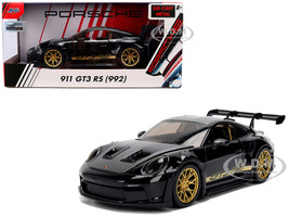 Porsche 911 992 GT3 RS Black with Carbon Top and Hood Stripes and Gold Wheels Hyper Spec Series 1/24 Diecast Model Car Jada 37810