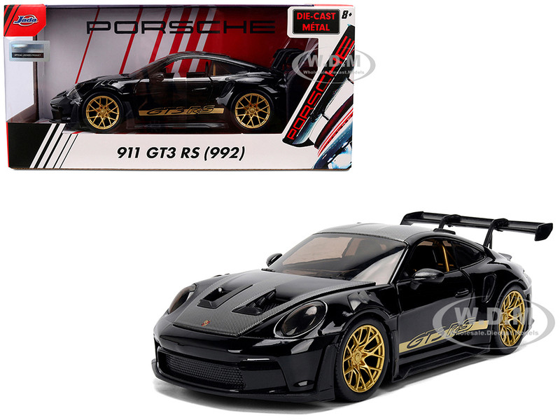 Porsche 911 992 GT3 RS Black with Carbon Top and Hood Stripes and Gold Wheels Hyper Spec Series 1/24 Diecast Model Car Jada 37810