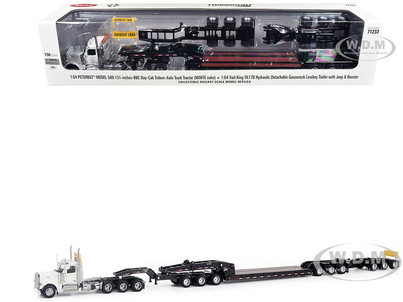Peterbilt 589 Tridem Axle Truck Tractor with Day Cab and Trail King TK170 Hydraulic Detachable Gooseneck Lowboy Trailer with Jeep and Booster White Transport Series 1/64 Diecast Model Diecast Masters 71233