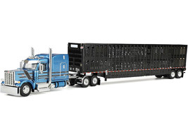 Peterbilt 589 with 72 Mid Roof Sleeper and Wilson Silverstar Livestock Trailer Bright Blue with Black Stripes and Trailer 1/64 Diecast Model DCP/First Gear 60-2172