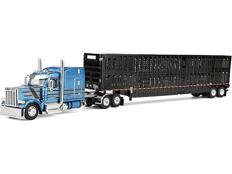 Peterbilt 589 with 72 Mid Roof Sleeper and Wilson Silverstar Livestock Trailer Bright Blue with Black Stripes and Trailer 1/64 Diecast Model DCP/First Gear 60-2172