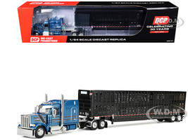 Peterbilt 589 with 72 Mid Roof Sleeper and Wilson Silverstar Livestock Trailer Bright Blue with Black Stripes and Trailer 1/64 Diecast Model DCP/First Gear 60-2172