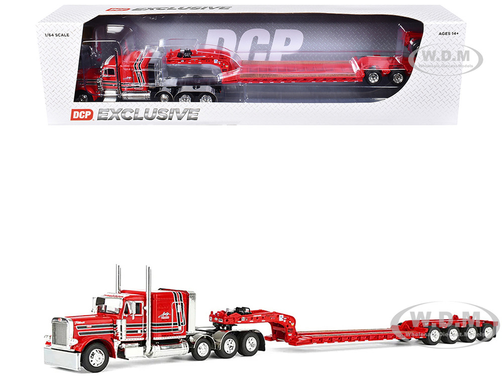 Peterbilt 379 with 63" Flat Top Sleeper and Fontaine Magnitude Lowboy Trailer with Fliptail "Anty Trucking & Rigging" Red with Black Stripes 1/64 Diec