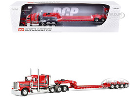 Peterbilt 379 with 63 Flat Top Sleeper and Fontaine Magnitude Lowboy Trailer with Fliptail Anty Trucking & Rigging Red with Black Stripes 1/64 Diecast Model DCP/First Gear 60-2355
