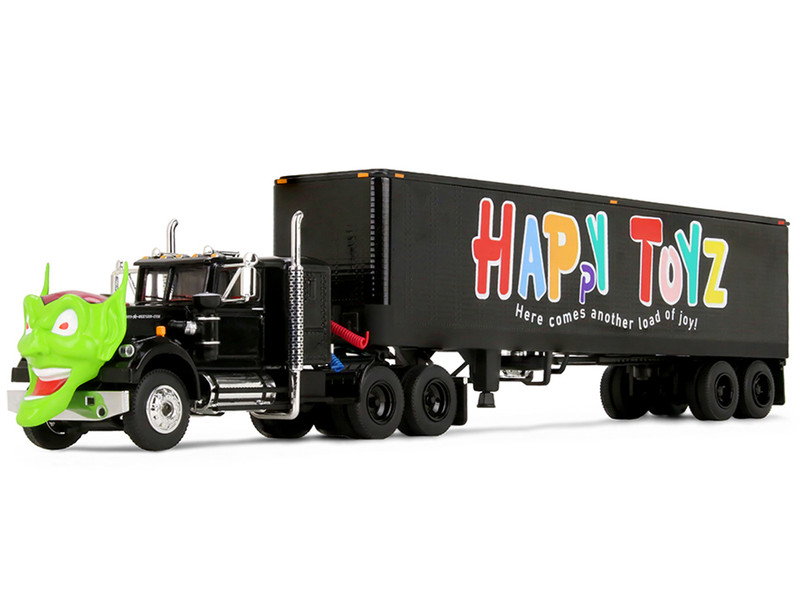 White Western Star 4800 with Green Goblin Head and 40 Vintage Trailer Black with Graphics Maximum Overdrive 1986 Movie 40th Anniversary 1/64 Diecast Model DCP/First Gear 68-2287