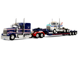 Kenworth W900L with 72 Aerocab Flat Top Sleeper Blue with White Stripes and Fontaine Magnitude Lowboy Trailer with Kenworth W900A Load White with Blue and Red Stripes America 250 1/64 Diecast Model DCP/First Gear 69-2311