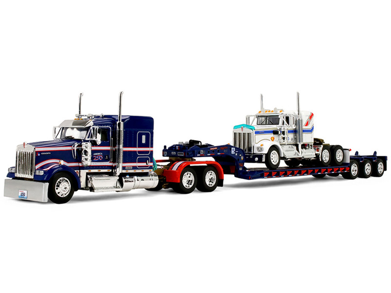 Kenworth W900L with 72 Aerocab Flat Top Sleeper Blue with White Stripes and Fontaine Magnitude Lowboy Trailer with Kenworth W900A Load White with Blue and Red Stripes America 250 1/64 Diecast Model DCP/First Gear 69-2311