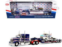 Kenworth W900L with 72 Aerocab Flat Top Sleeper Blue with White Stripes and Fontaine Magnitude Lowboy Trailer with Kenworth W900A Load White with Blue and Red Stripes America 250 1/64 Diecast Model DCP/First Gear 69-2311
