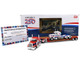 Peterbilt 589 with 44 Flat Top Sleeper Red with Blue Stripes and Fontaine Renegade LXT40 Lowboy Trailer with Peterbilt 359 Load White with Blue and Red Stripes America 250 1/64 Diecast Model DCP/First Gear 69-2348 Peterbilt 589 with 44 Flat Top Sleeper Red with Blue Stripes and Fontaine Renegade LXT40 Lowboy Trailer with Peterbilt 359 Load White with Blue and Red Stripes America 250 1/64 Diecast Model DCP/First Gear 69-2348