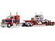 Peterbilt 589 with 44 Flat Top Sleeper Red with Blue Stripes and Fontaine Renegade LXT40 Lowboy Trailer with Peterbilt 359 Load White with Blue and Red Stripes America 250 1/64 Diecast Model DCP/First Gear 69-2348 Peterbilt 589 with 44 Flat Top Sleeper Red with Blue Stripes and Fontaine Renegade LXT40 Lowboy Trailer with Peterbilt 359 Load White with Blue and Red Stripes America 250 1/64 Diecast Model DCP/First Gear 69-2348