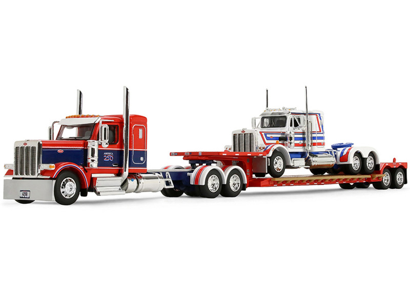 Peterbilt 589 with 44 Flat Top Sleeper Red with Blue Stripes and Fontaine Renegade LXT40 Lowboy Trailer with Peterbilt 359 Load White with Blue and Red Stripes America 250 1/64 Diecast Model DCP/First Gear 69-2348